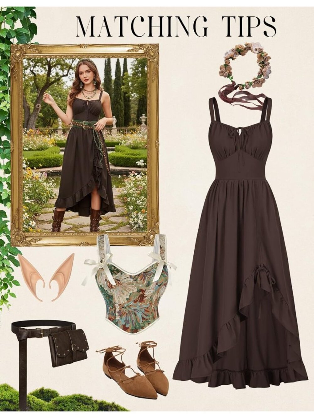 Women's Dark Brown Sleeveless Renaissance Corset Flowy Milkmaid Costumes Dress - Picture 4 of 6